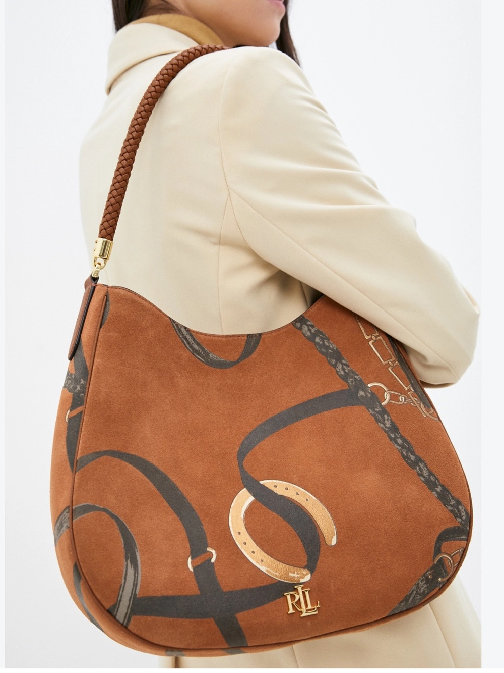Lauren Ralph Lauren suede shoulder bag equestrian horse shoe and horse bit print